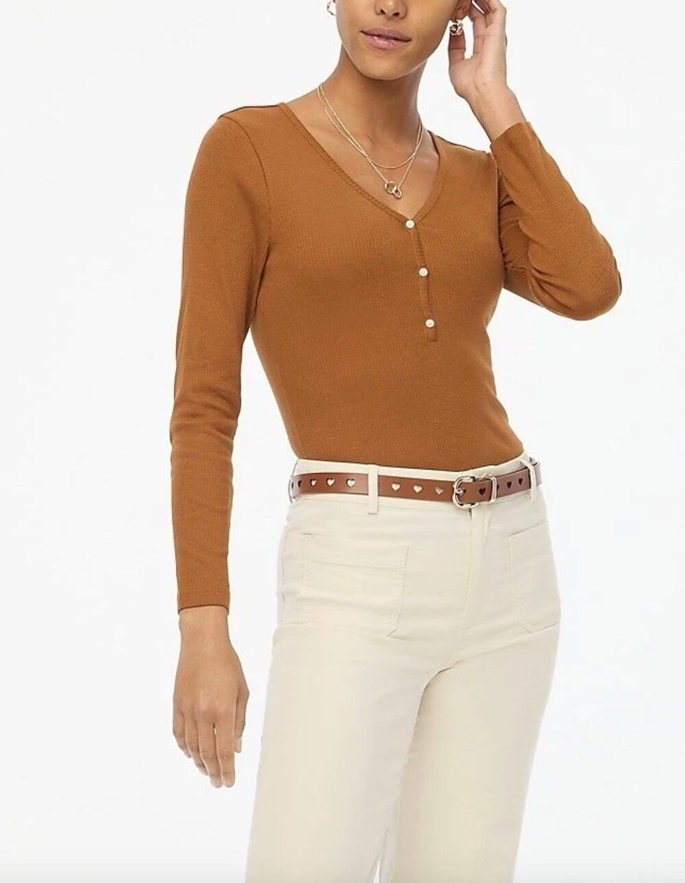 J.Crew Long Sleeve Button Henley Top Ribbed Stretch Jersey Mocha Latte XL NWT